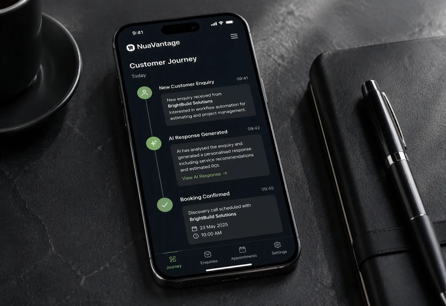 NuaVantage AI customer journey chat interface on a mobile phone