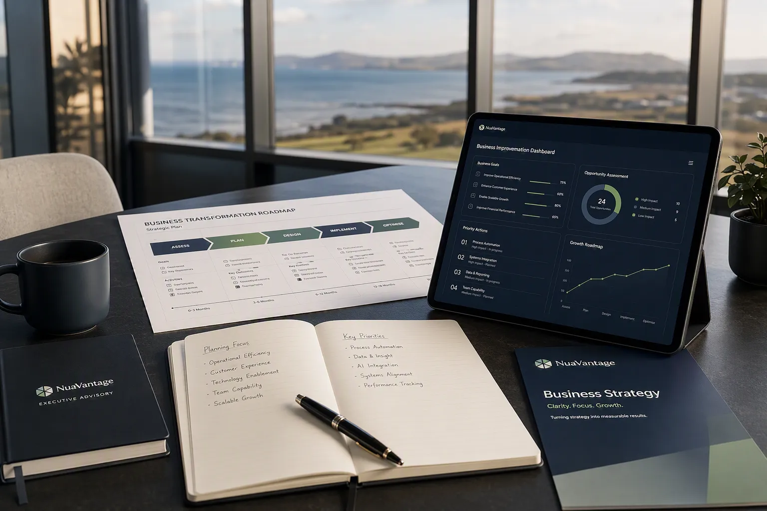 NuaVantage Business Transformation Roadmap, Strategic Plan, and Executive Dashboard on a desk