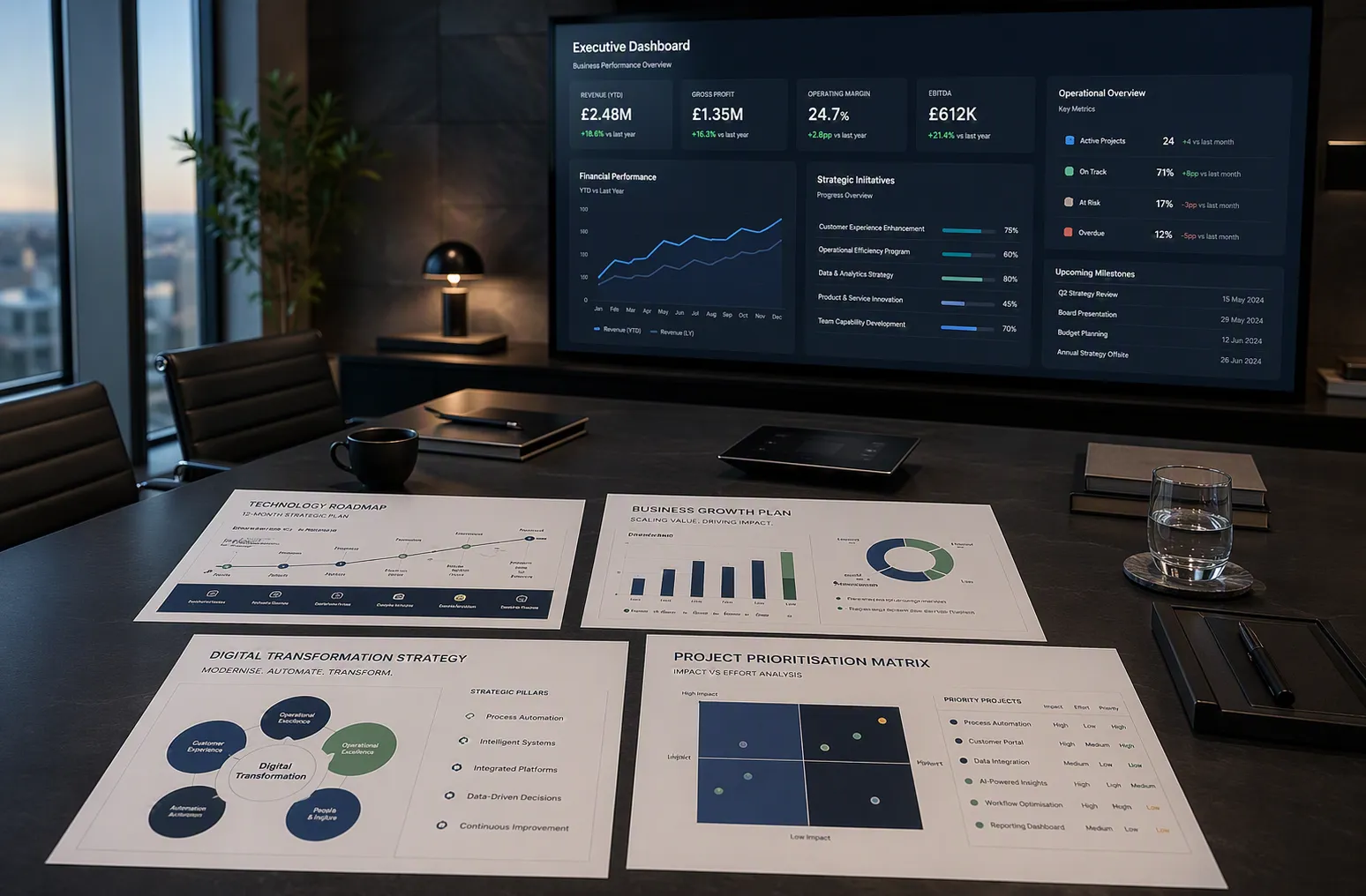 Boardroom table with Executive Dashboard and Strategic Technology Roadmaps
